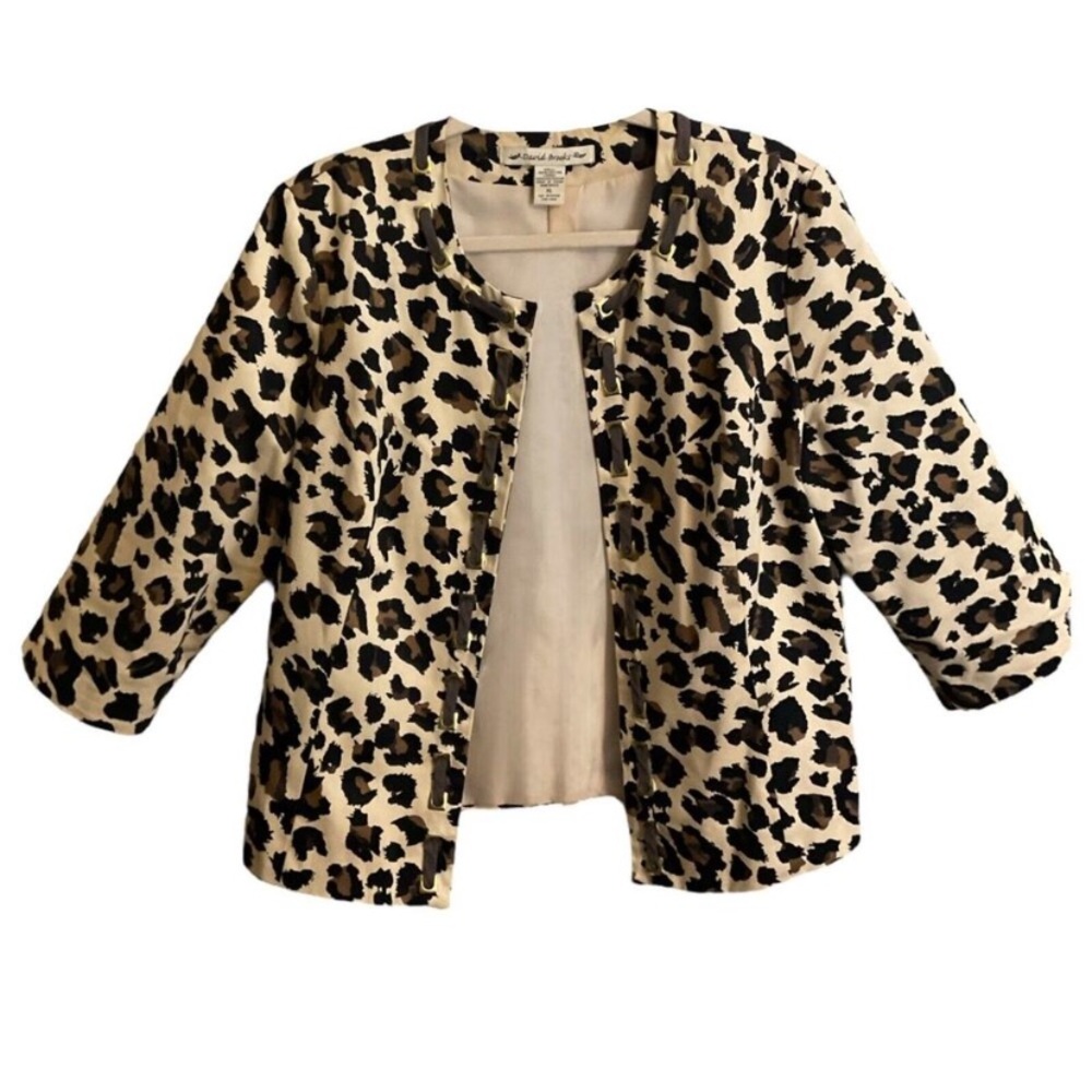 David Brooks Women’s Jacket Animal Print Open Front SZ XL Ribbon Accents